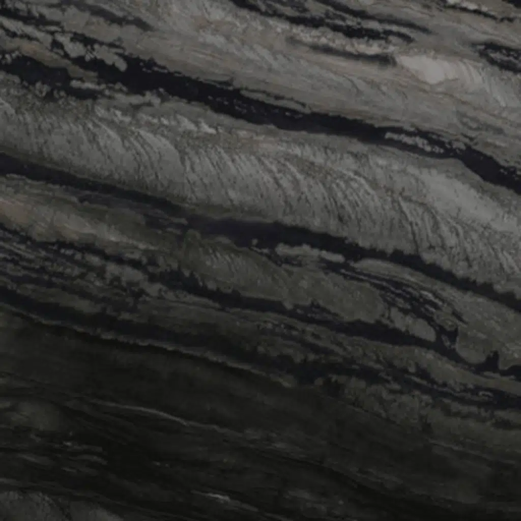 Galapagos Quartzite countertop featuring deep black and grey tones with bold flowing patterns