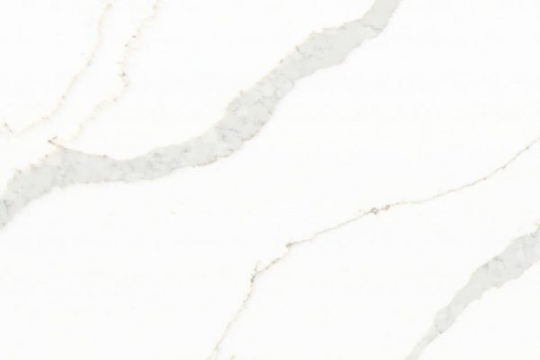 Calacatta Idillio Quartz countertop featuring bright white background with bold grey veins