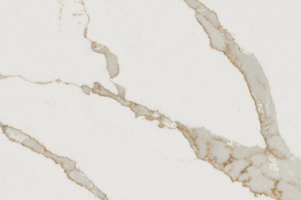 Calacatta Laza Oro Quartz countertop with elegant white background and luxurious gold-grey veins