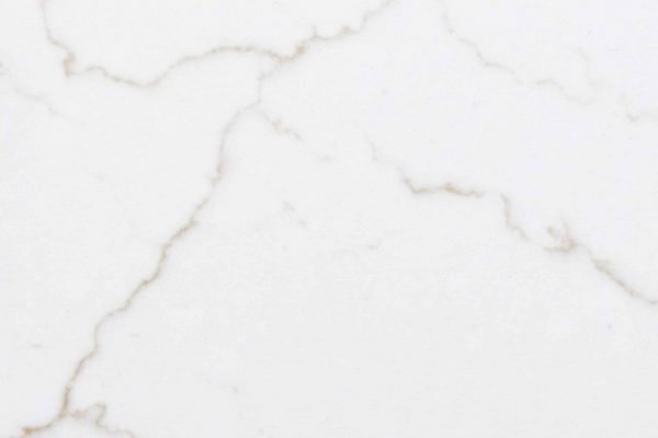 Calacatta Miraggio Gold Quartz countertop with bright white background and gold-toned veins