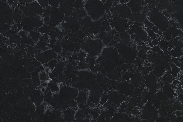 Midnight Corvo Polished Quartz countertop featuring polished black background with intricate grey veins